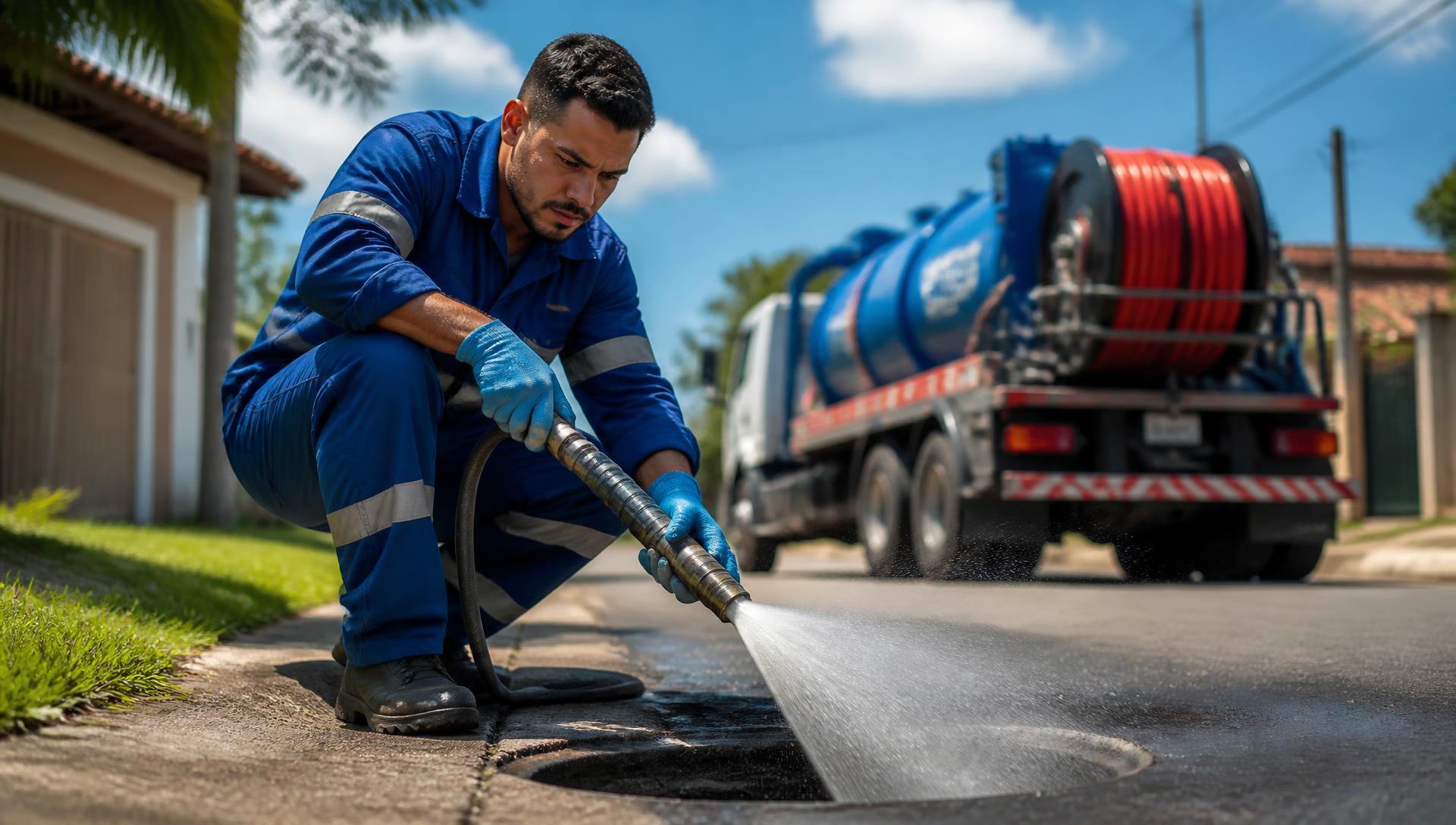 Técnico da Desentupidora Bonzão usando equipamento de desentupimento